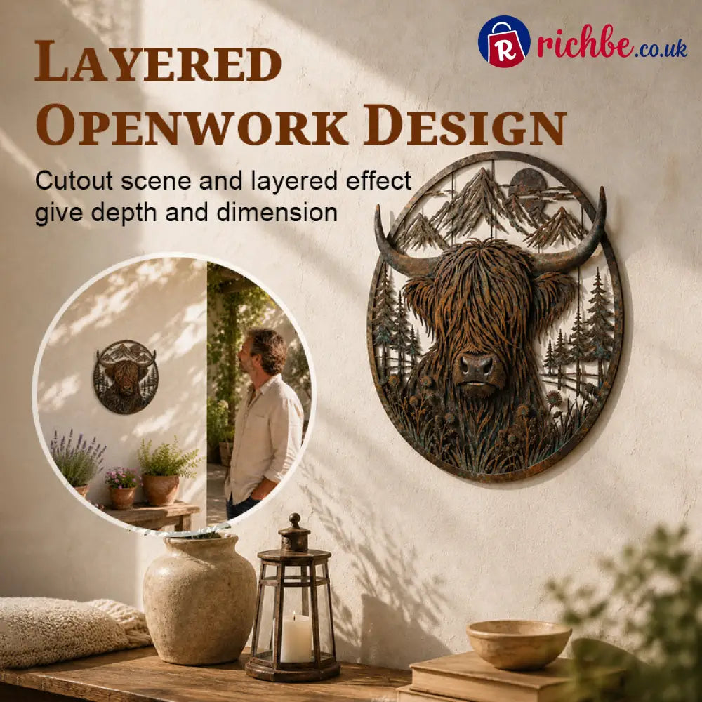 🐂Highland Cow Mountain Scene Metal Wall🏔️ - Houseware & Kitchen
