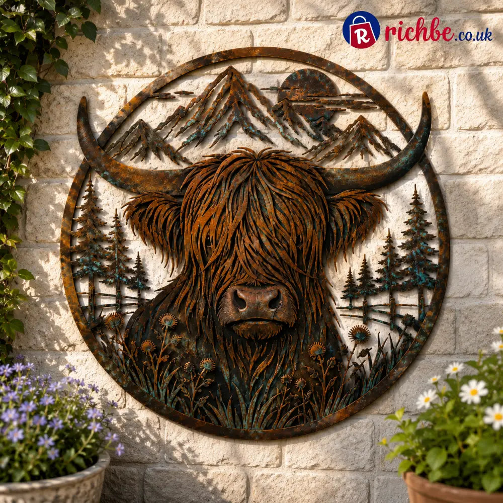 🐂Highland Cow Mountain Scene Metal Wall🏔️ - Houseware & Kitchen