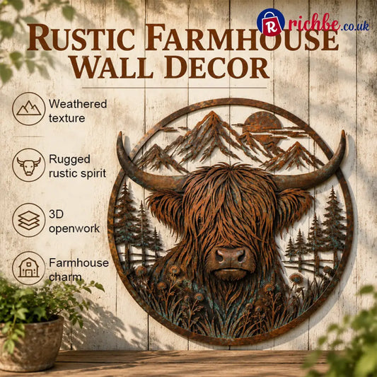 🐂Highland Cow Mountain Scene Metal Wall🏔️ - Houseware & Kitchen
