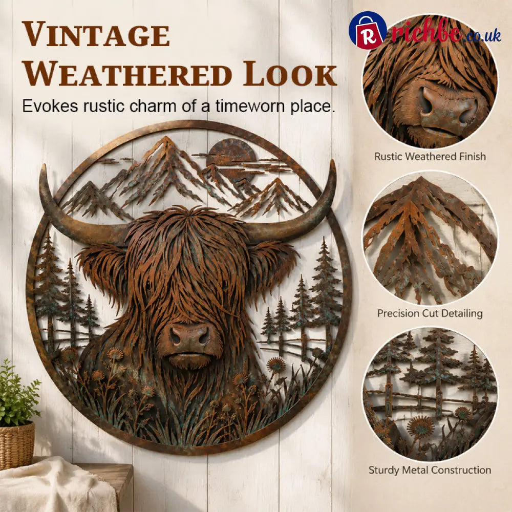 🐂Highland Cow Mountain Scene Metal Wall🏔️ - Houseware & Kitchen