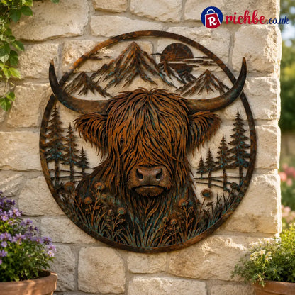 🐂🐂Highland Cow Mountain Scene Metal Wall🏔️ - Houseware & Kitchen