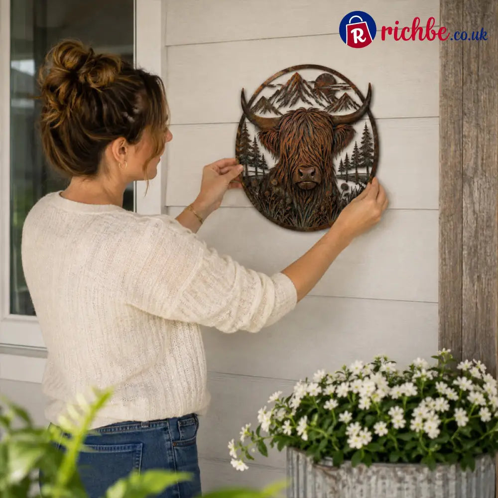 🐂Highland Cow Mountain Scene Metal Wall🏔️ - Houseware & Kitchen
