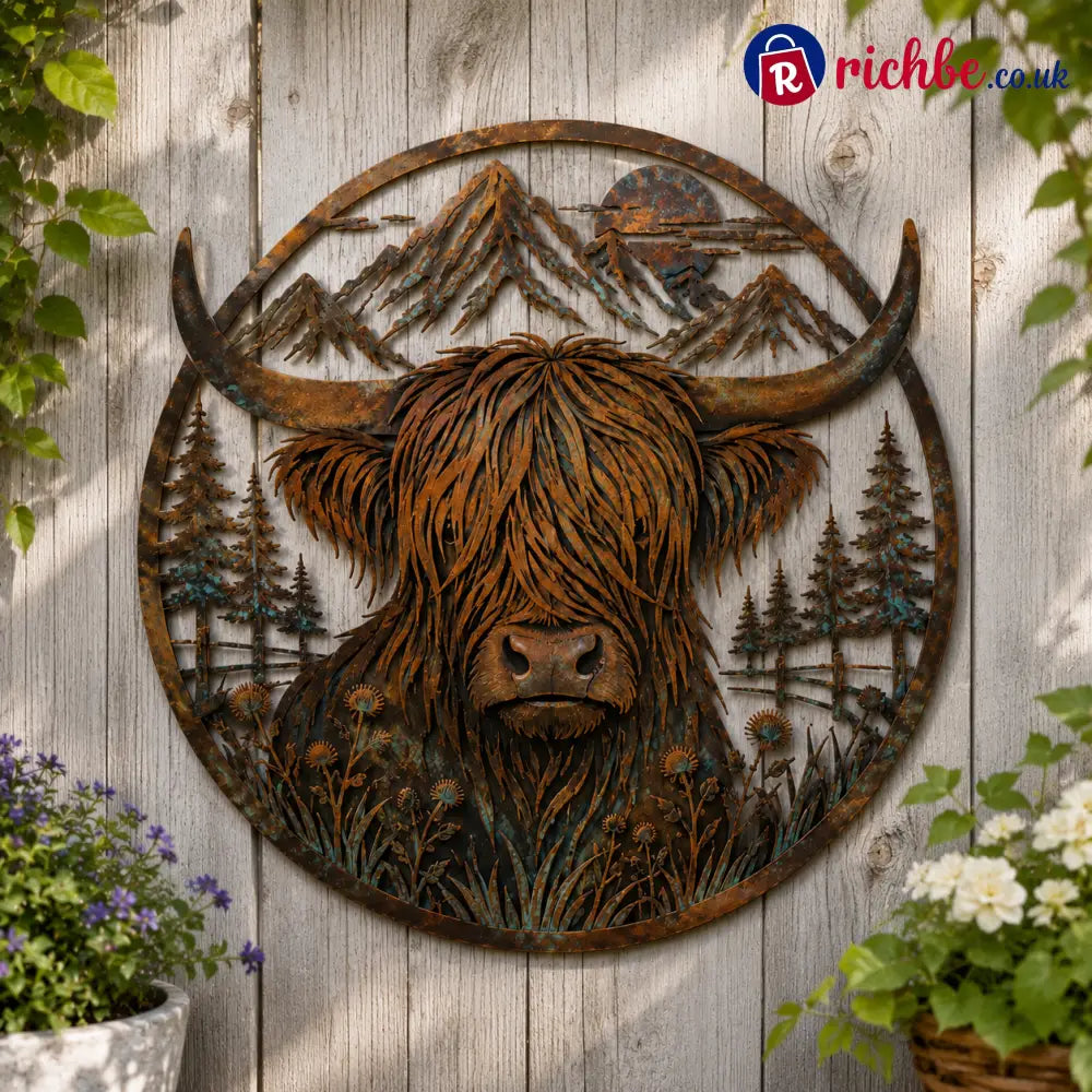 🐂🐂Highland Cow Mountain Scene Metal Wall🏔️ - Houseware & Kitchen