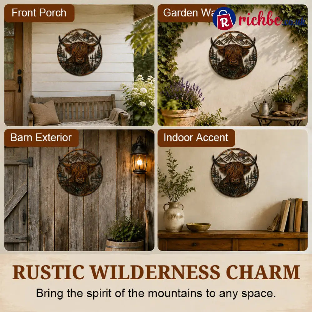 🐂Highland Cow Mountain Scene Metal Wall🏔️ - Houseware & Kitchen