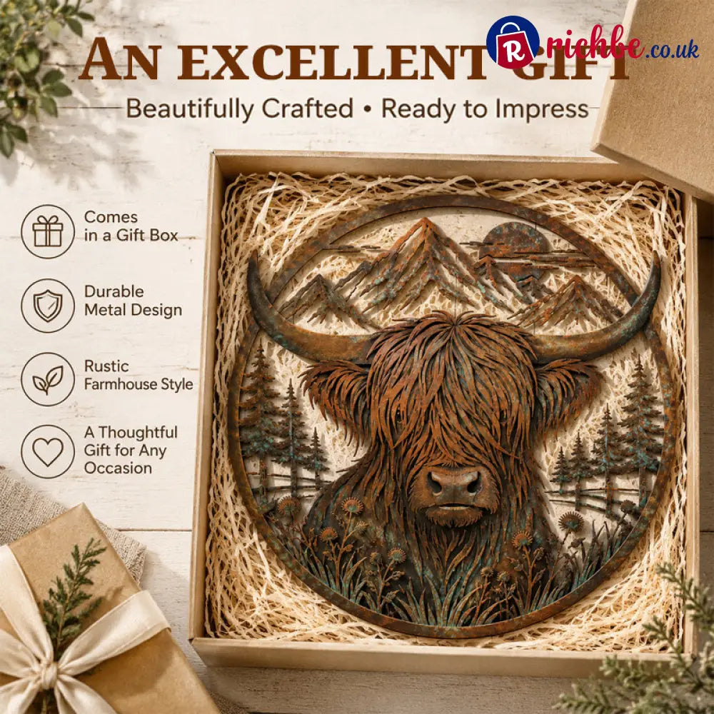 🐂Highland Cow Mountain Scene Metal Wall🏔️ - Houseware & Kitchen