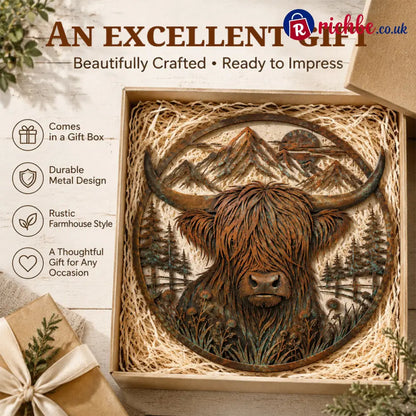 🐂🐂Highland Cow Mountain Scene Metal Wall🏔️ - Houseware & Kitchen