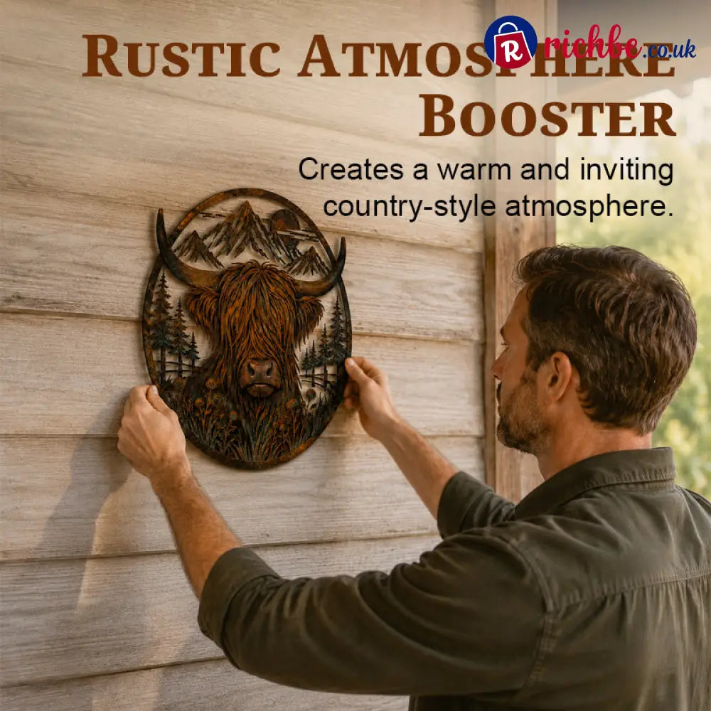 🐂Highland Cow Mountain Scene Metal Wall🏔️ - Houseware & Kitchen