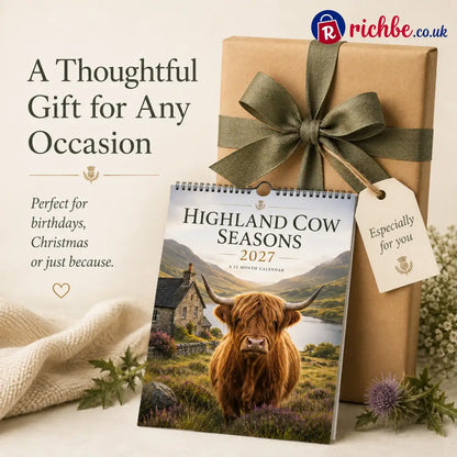 🐮 Highland Cow Seasons 2027 Wall Calendar – A Year of Scottish Countryside Beauty 12 Stunning Highland Cow Moments &