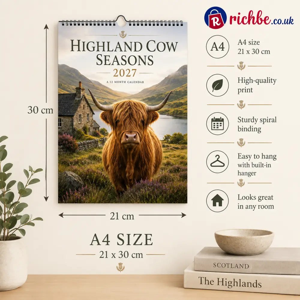🐮 Highland Cow Seasons 2027 Wall Calendar – A Year of Scottish Countryside Beauty 12 Stunning Highland Cow Moments &