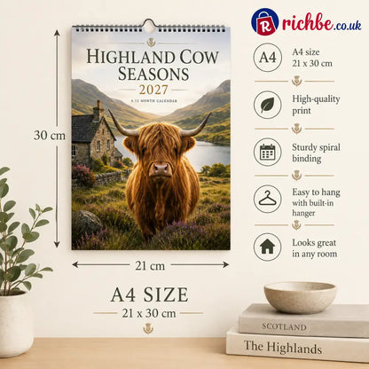 🐮 Highland Cow Seasons 2027 Wall Calendar – A Year of Scottish Countryside Beauty 12 Stunning Highland Cow Moments &