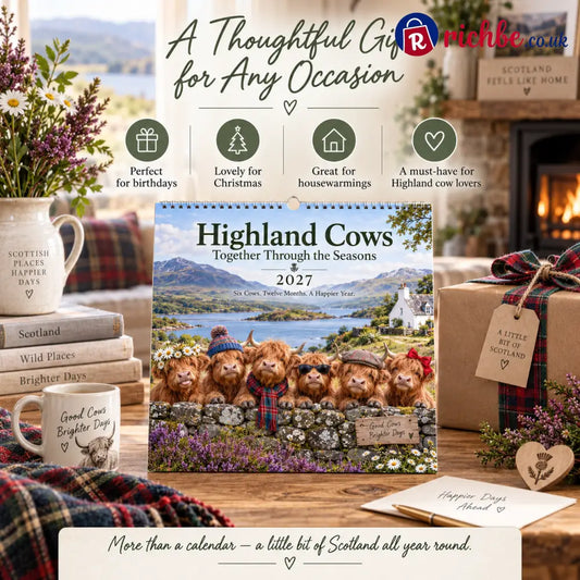 🐮 Highland Cows 2027 Wall Calendar – Six Charming Highland Cows Through The Seasons Scottish Countryside Artwork Cute