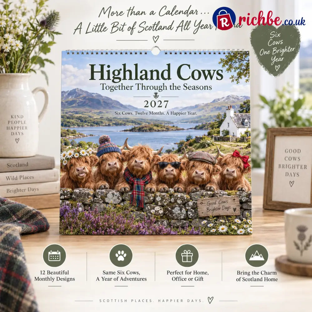 🐮 Highland Cows 2027 Wall Calendar – Six Charming Highland Cows Through The Seasons Scottish Countryside Artwork Cute