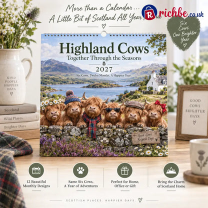 🐮 Highland Cows 2027 Wall Calendar – Six Charming Highland Cows Through The Seasons Scottish Countryside Artwork Cute