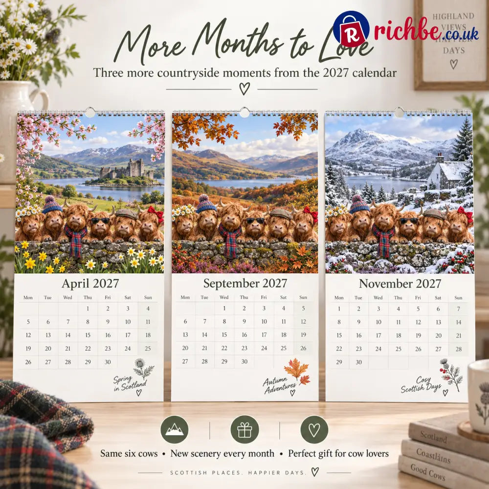 🐮 Highland Cows 2027 Wall Calendar – Six Charming Highland Cows Through The Seasons Scottish Countryside Artwork Cute