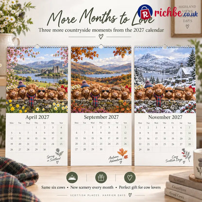 🐮 Highland Cows 2027 Wall Calendar – Six Charming Highland Cows Through The Seasons Scottish Countryside Artwork Cute