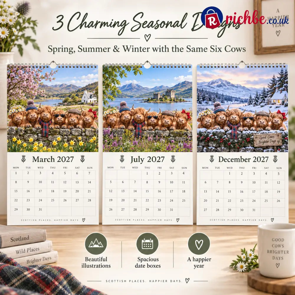 🐮 Highland Cows 2027 Wall Calendar – Six Charming Highland Cows Through The Seasons Scottish Countryside Artwork Cute