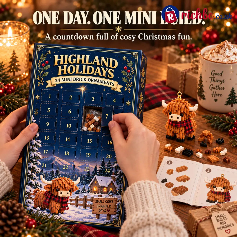 🐮 Highland Holidays 24-Day Mini Brick Ornament Advent Calendar 🎄 – 24 Buildable Highland Cow Christmas Surprises