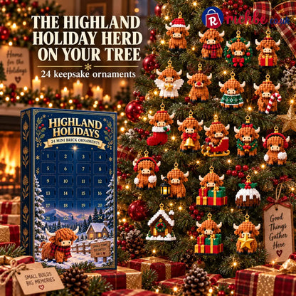 🐮 Highland Holidays 24-Day Mini Brick Ornament Advent Calendar 🎄 – 24 Buildable Highland Cow Christmas Surprises