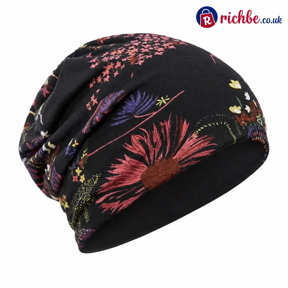 🔥HOT SALE🔥Boho Floral Slouchy Beanie for Women Lightweight Soft Stretchy Hat - Black - ta-1003