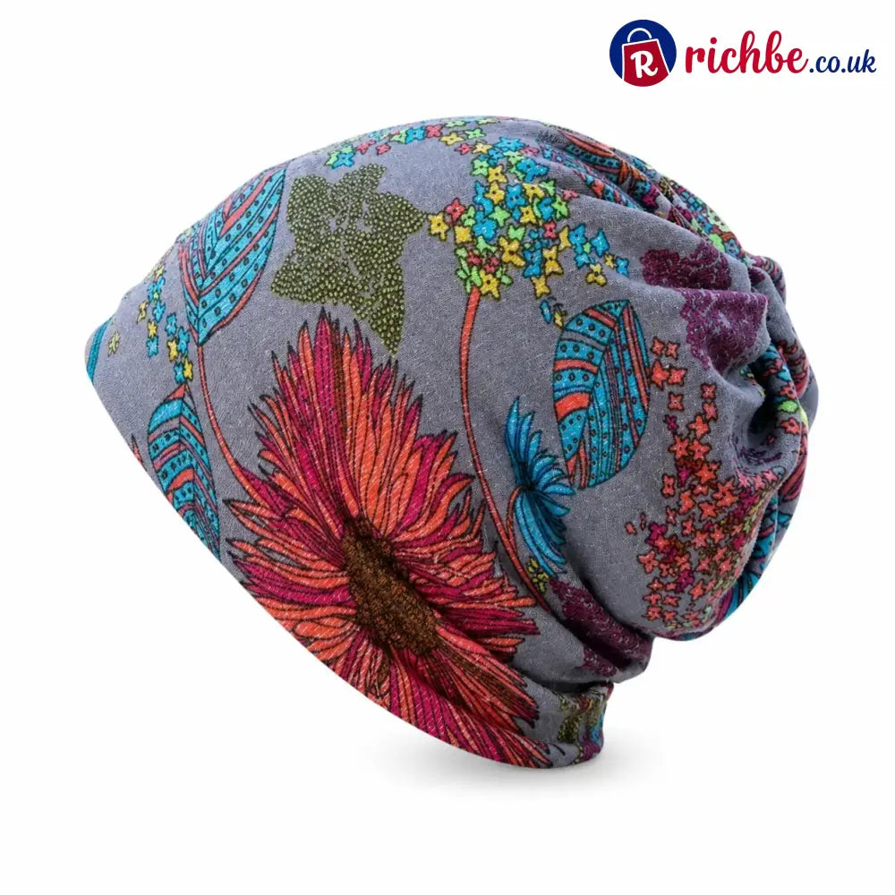 🔥HOT SALE🔥Boho Floral Slouchy Beanie for Women Lightweight Soft Stretchy Hat - Gray - ta-1003