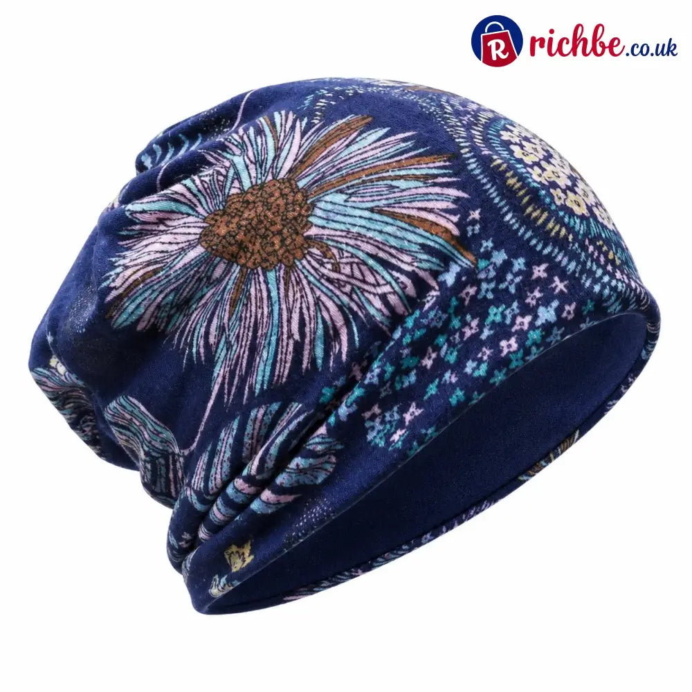 🔥HOT SALE🔥Boho Floral Slouchy Beanie for Women Lightweight Soft Stretchy Hat - Navy - ta-1003