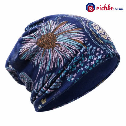 🔥HOT SALE🔥Boho Floral Slouchy Beanie for Women Lightweight Soft Stretchy Hat - Navy - ta-1003
