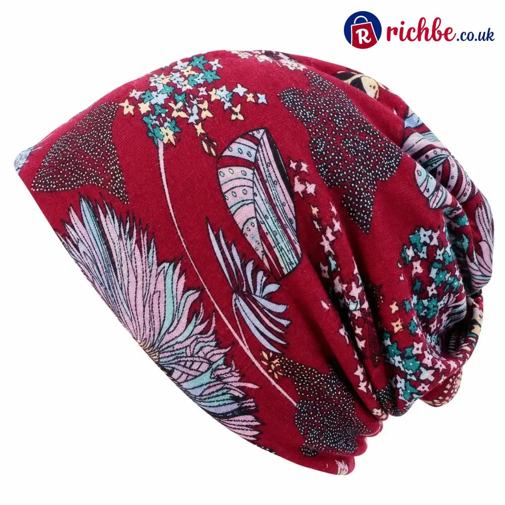 🔥HOT SALE🔥Boho Floral Slouchy Beanie for Women Lightweight Soft Stretchy Hat - Rose Red - ta-1003