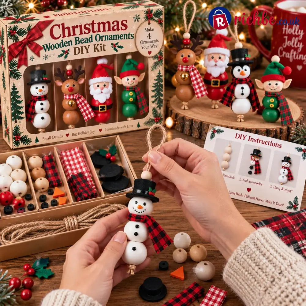 🔥hot Sale🔥🎄 Christmas Wooden Bead Ornament Diy Kit – Set Of 4