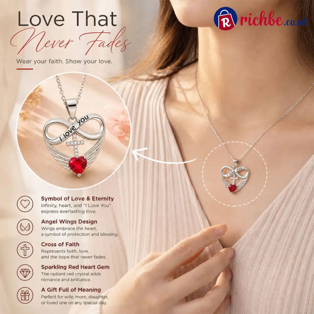 I Love You Forever Heart Angel Wing Cross Necklace 💖✝️