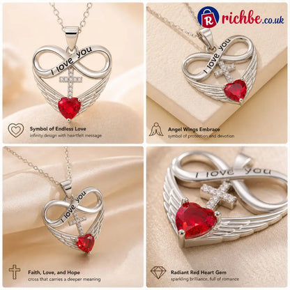 I Love You Forever Heart Angel Wing Cross Necklace 💖✝️
