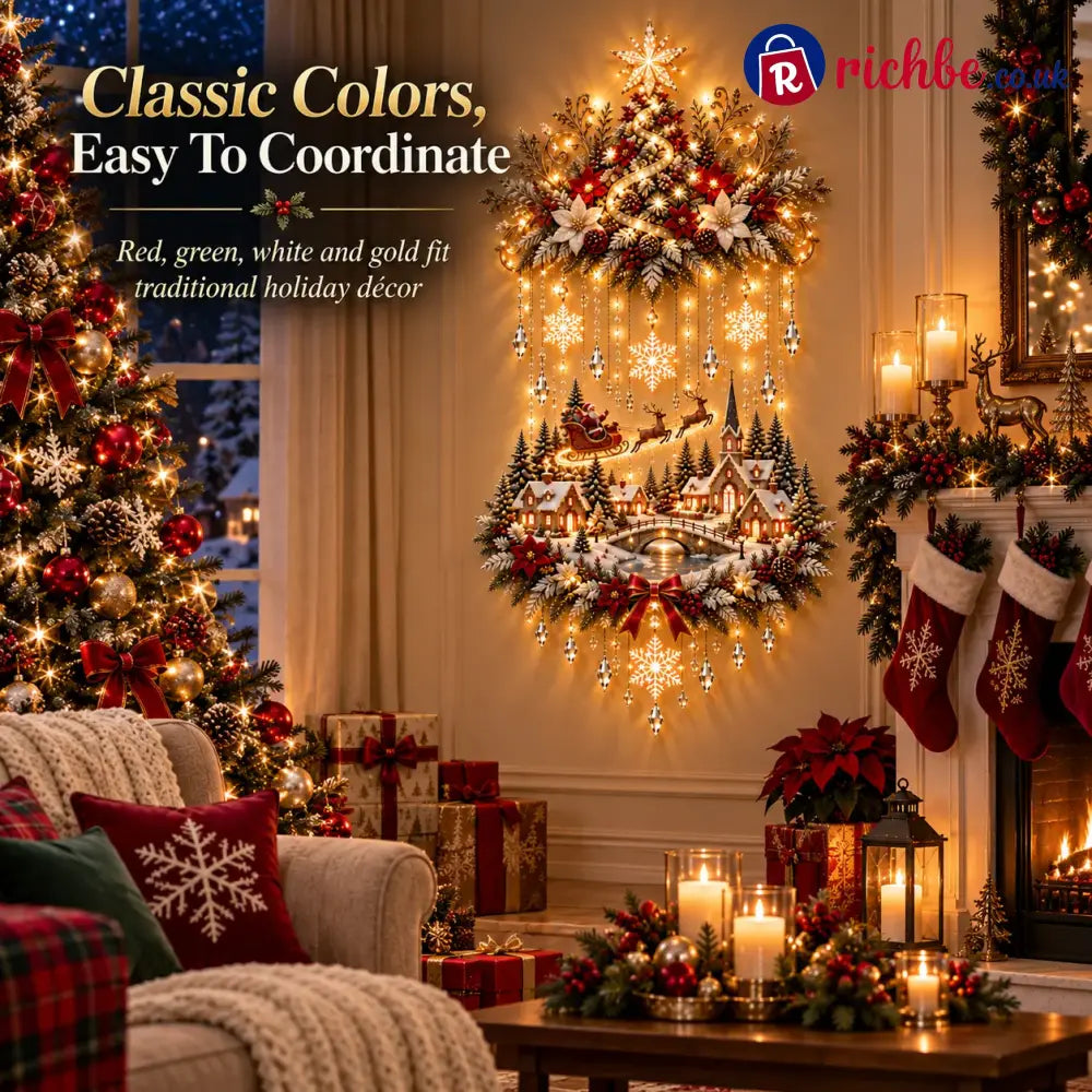 🎄 Illuminated Christmas Tree & Village Wall Hanging | Cascading Warm Lights for Living Rooms Entryways & Staircases ✨