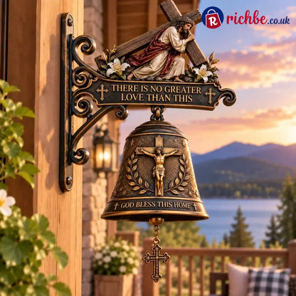 ✝️ Jesus Cross Christian Hanging Bell | “God Bless This Home” Rustic Faith-Inspired Door & Porch Decor - Buy 1