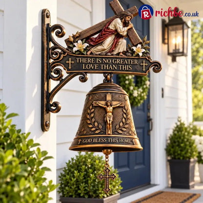 ✝️ Jesus Cross Christian Hanging Bell | “God Bless This Home” Rustic Faith-Inspired Door & Porch Decor - Buy 1