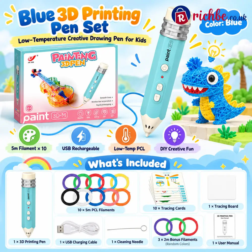 🎨 Kids Low-Temperature 3D Printing Pen Kit – Draw Build & Create in 3D - Blue