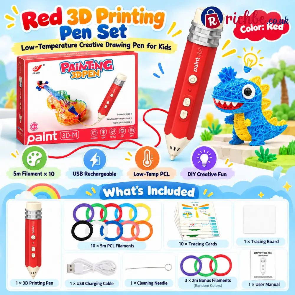 🎨 Kids Low-Temperature 3D Printing Pen Kit – Draw Build & Create in 3D - Red