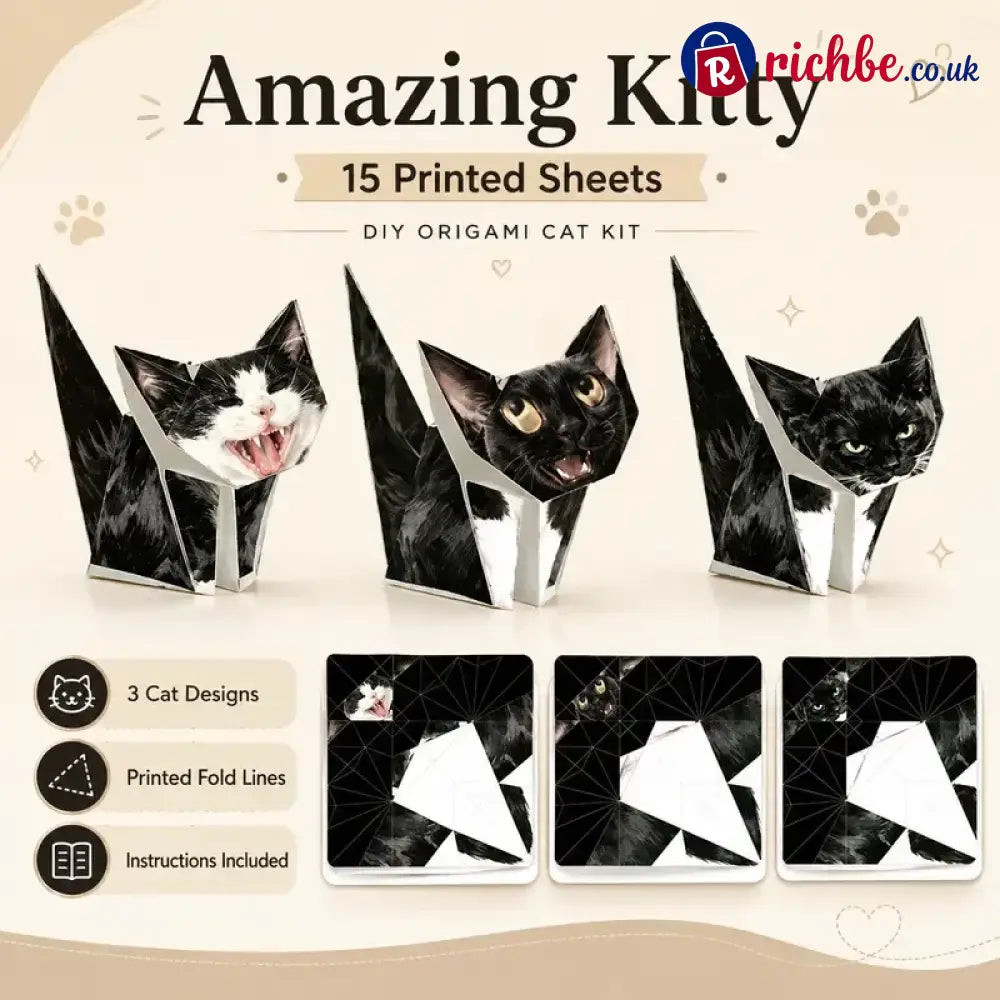 🐱 Kitty World 3D Cat Origami Kit – 15PCS / 60PCS Fold-Your-Own Cat Collection - Amazing Kitty | 15PCS