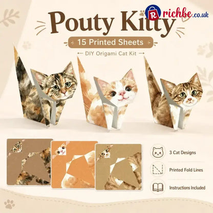🐱 Kitty World 3D Cat Origami Kit – 15PCS / 60PCS Fold-Your-Own Cat Collection - Pouty Kitty | 15PCS