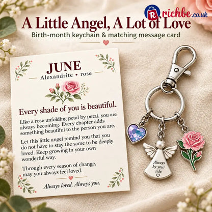 ⏳ Last Day 49% OFF, 👼 Always By Your Side: Birth Month Angel & Flower Keychain + Keepsake Card 🌸