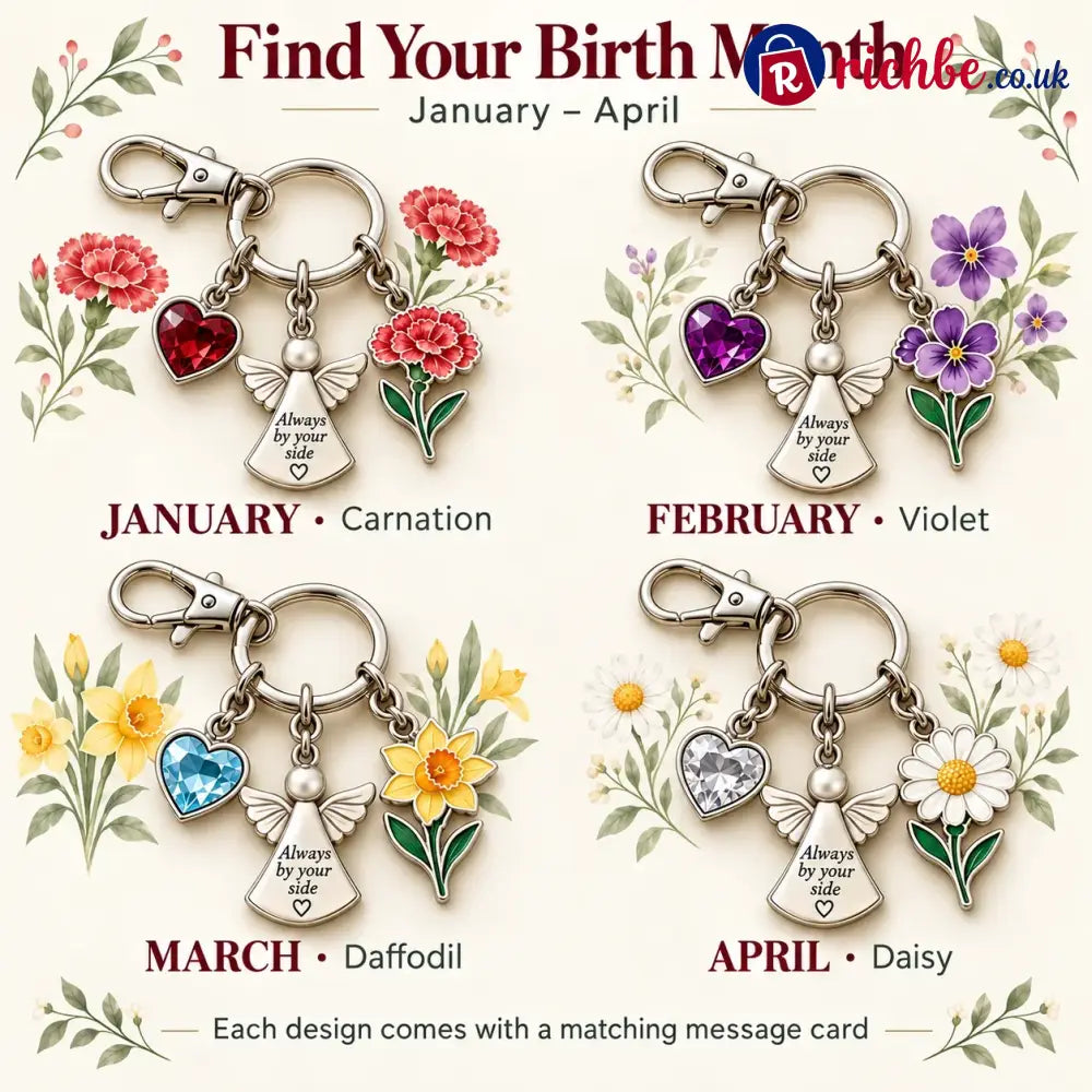 ⏳ Last Day 49% OFF, 👼 Always By Your Side: Birth Month Angel & Flower Keychain + Keepsake Card 🌸
