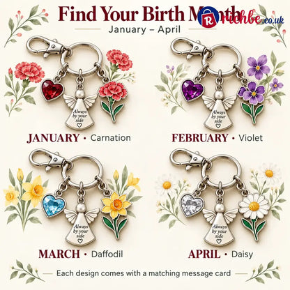 ⏳ Last Day 49% OFF, 👼 Always By Your Side: Birth Month Angel & Flower Keychain + Keepsake Card 🌸