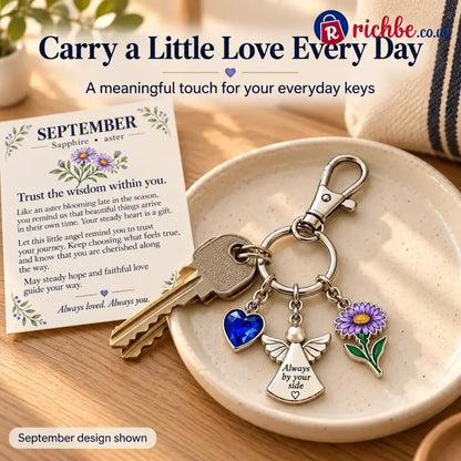 ⏳ Last Day 49% OFF, 👼 Always By Your Side: Birth Month Angel & Flower Keychain + Keepsake Card 🌸