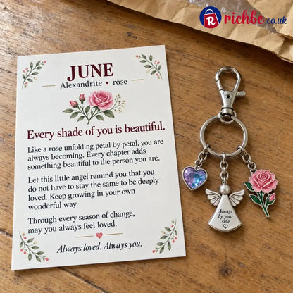 ⏳ Last Day 49% OFF, 👼 Always By Your Side: Birth Month Angel & Flower Keychain + Keepsake Card 🌸