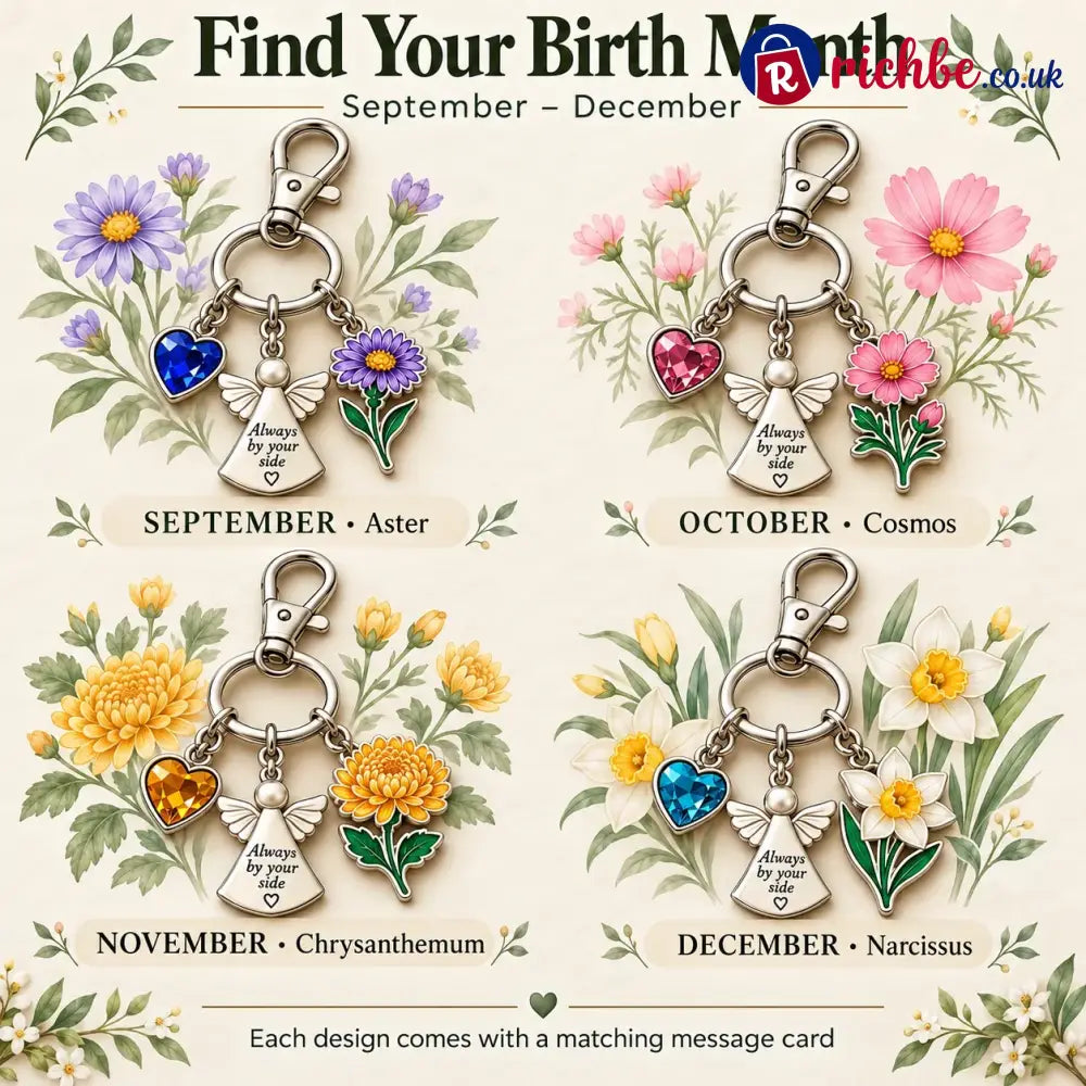 ⏳ Last Day 49% OFF, 👼 Always By Your Side: Birth Month Angel & Flower Keychain + Keepsake Card 🌸