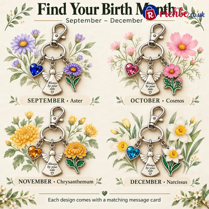 ⏳ Last Day 49% OFF, 👼 Always By Your Side: Birth Month Angel & Flower Keychain + Keepsake Card 🌸