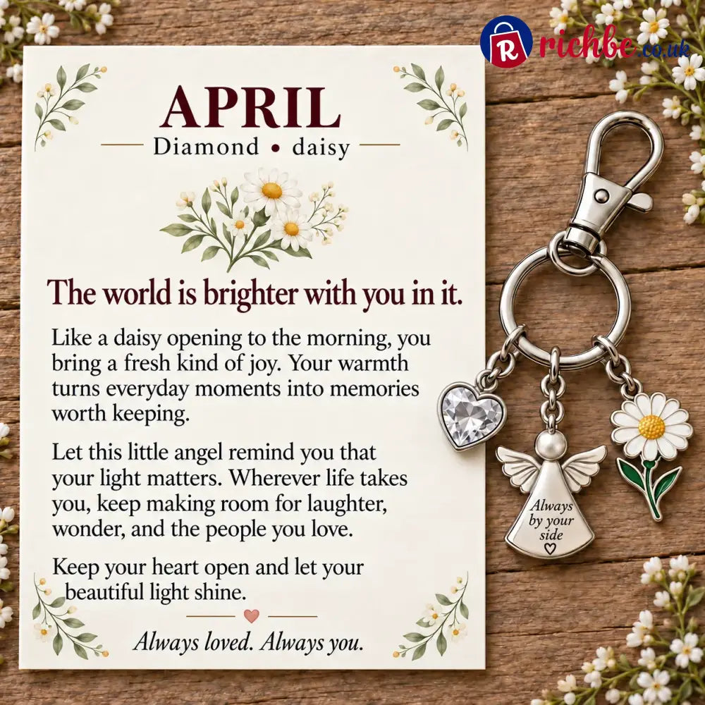 ⏳ Last Day 49% OFF, 👼 Always By Your Side: Birth Month Angel & Flower Keychain + Keepsake Card 🌸 - 💎 April: Diamond &