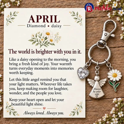 ⏳ Last Day 49% OFF, 👼 Always By Your Side: Birth Month Angel & Flower Keychain + Keepsake Card 🌸 - 💎 April: Diamond &