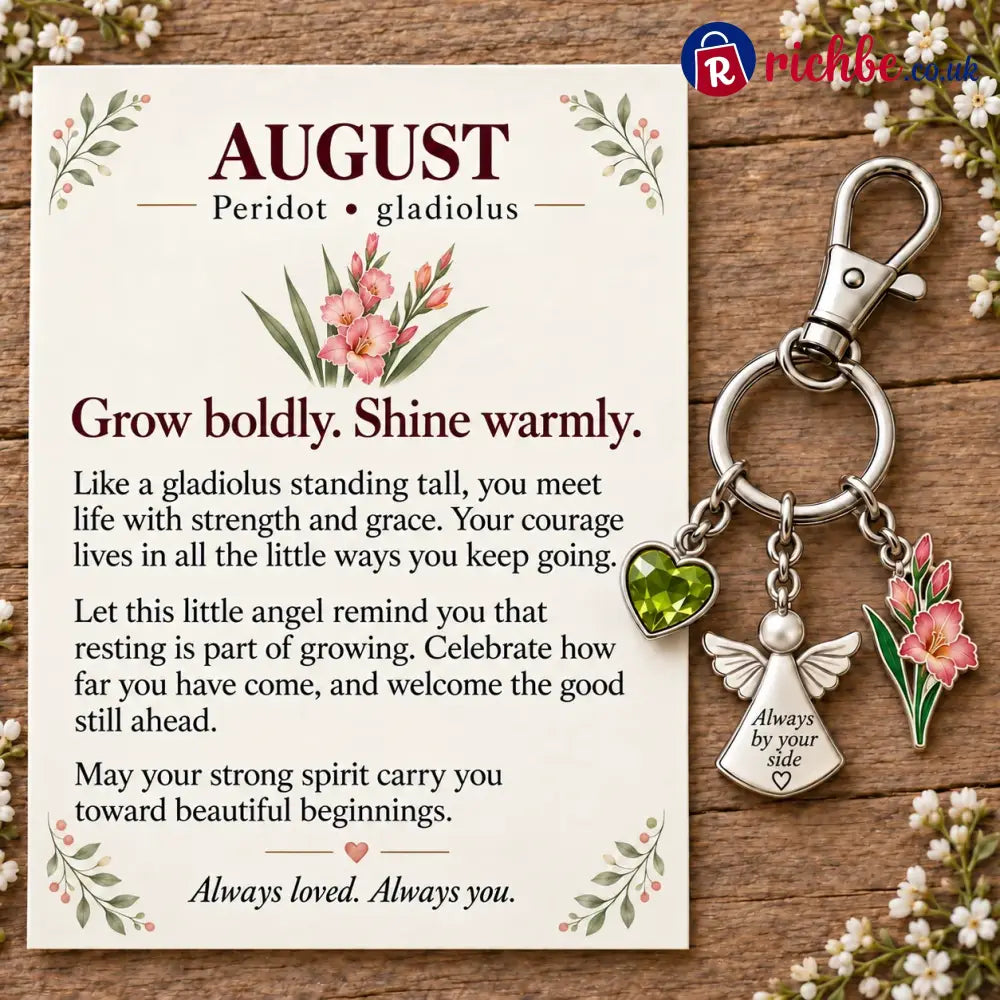 ⏳ Last Day 49% OFF, 👼 Always By Your Side: Birth Month Angel & Flower Keychain + Keepsake Card 🌸 - ☀️ August: Peridot &