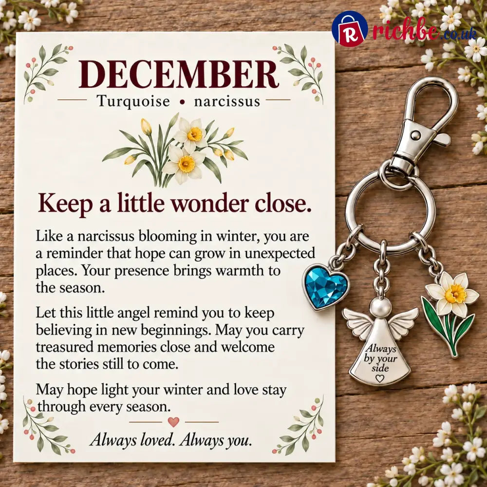 ⏳ Last Day 49% OFF, 👼 Always By Your Side: Birth Month Angel & Flower Keychain + Keepsake Card 🌸 - ⛄ December:
