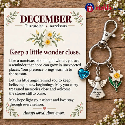 ⏳ Last Day 49% OFF, 👼 Always By Your Side: Birth Month Angel & Flower Keychain + Keepsake Card 🌸 - ⛄ December: