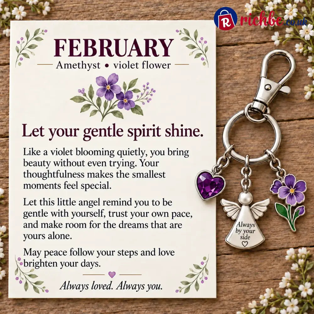 ⏳ Last Day 49% OFF, 👼 Always By Your Side: Birth Month Angel & Flower Keychain + Keepsake Card 🌸 - 💜 February: Amethyst